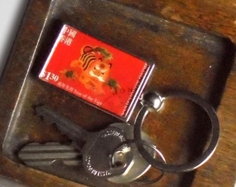 Chinese Year of the Tiger Keyring made with postage stamp from Hong Kong, 1999
