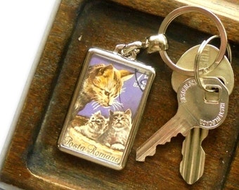 Cat & Kittens Keyring, upcycled keychain made with 1965 Romania postage stamp