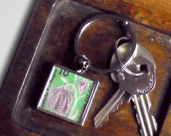 Snakeshead Lily Keyring - upcycled Germany postage stamp from 1963