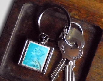 Light Blue Machin Keyring - upcycled British stamp from 1971