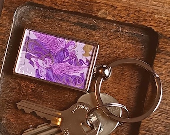 Purple Angel Keyring - upcycled British postage stamp from 1975
