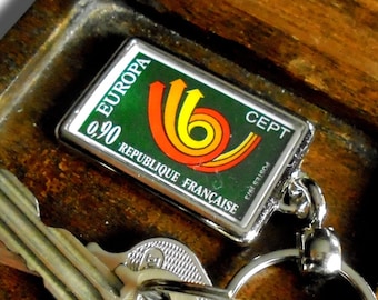 Europa Posthorn Keyring - upcycled vintage 1973 postage stamp from France