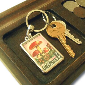Red Mushroom Keychain - upcycled vintage postal stamp keyring | caesar mushroom gift for forager, rambler, nature lover | 1967 birthday gift