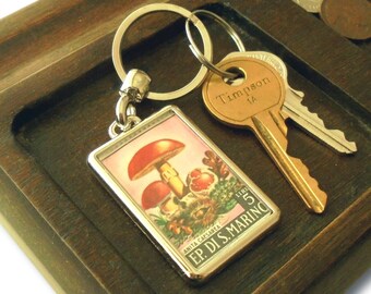 Red Mushroom Keychain - upcycled 1967 San Marino postage stamp