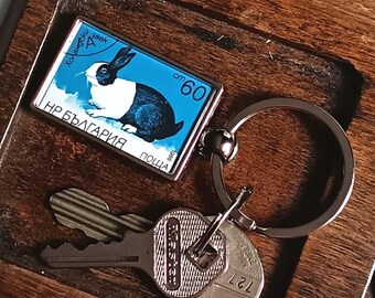Dutch Rabbit Keyring - made with vintage postage stamp from Bulgaria 1986
