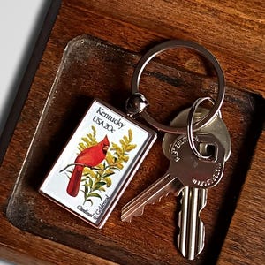 May include: A wooden tray with three compartments. One compartment holds a keychain with a Kentucky USA 20¢ stamp design featuring a red cardinal. Another holds keys, and the third holds coins.