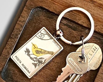 Golden Oriole Keyring made with upcycled 1993 Romania postage stamp