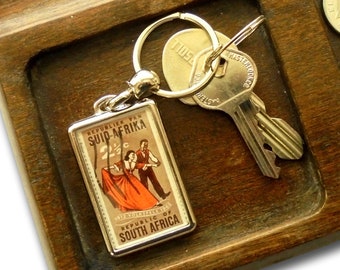 Folk Dance Keyring, upcycled vintage 1962 South Africa postage stamp