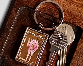 Pink Crocus Keyring - upcycled 1959 Romania postage stamp