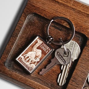 Sahara Camels Keyring, adult & young dromedary keychain made with vintage postal stamp - 1951 birthday gift