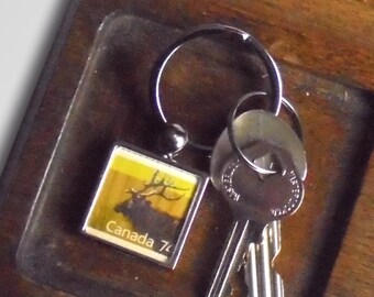 Wapiti Elk Keyring - upcycled Canada postage stamp from 1988