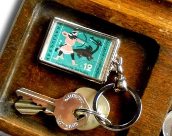 Folk Tale Dragon Keyring - upcycled 1961 postage stamp from Bulgaria