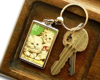 Persian Cat Keyring, upcycled Romania postage stamp keychain