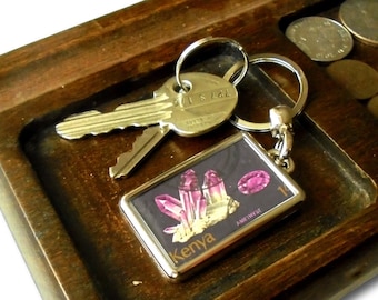 Amethyst Keyring made with upcycled 1977 postage stamp from Kenya