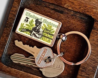 Davy Crockett keychain, USA folk hero keyring made with vintage postage stamp - 1967 philately birthday gift