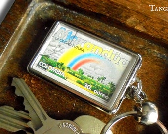 Rainbow Landscape Keyring - upcycled 1984 postage stamp from Colombia