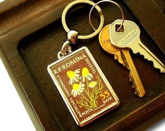 Camomile Keyring - upcycled 1959 postage stamp from Romania