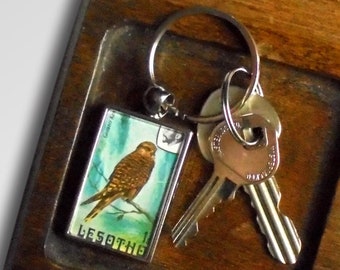 Greater Kestrel Keyring - made with 1981 Lesotho postage stamp
