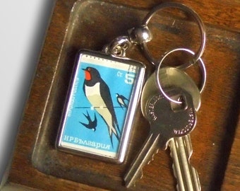 Swallow Keyring made with vintage 1965 Bulgaria stamp
