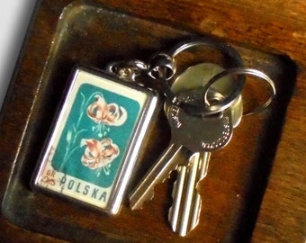 Turk's Cap Lily Keyring - retro upcycled 1957 postage stamp from Poland