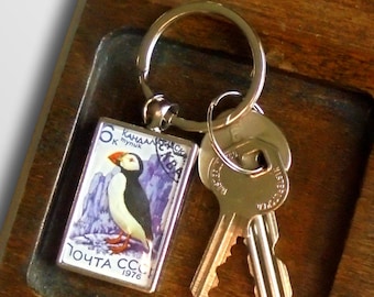 Puffin Keychain - upcycled 1976 vintage postage stamp