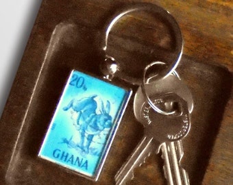 Leaping Hare Keyring - made with real vintage postage stamp from Ghana