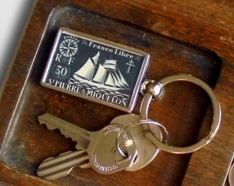 Upcycled Keyring - St Malo Fishing Schooner on real 1942 postage stamp