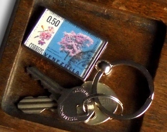 Pink Manjack Tree Keyring - upcycled 1969 postage stamp from Venezuela