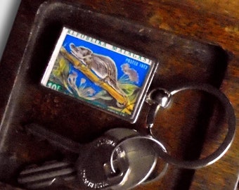 Female Bignose Chameleon Keyring, made with real 1973 postage stamp from Madagascar