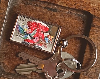 Christmas Birds & Pillarbox Keyring - festive upcycled 1983 British postage stamp