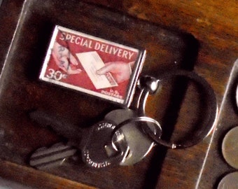 Stamp Collector Keyring - real 1972 postage stamp from USA