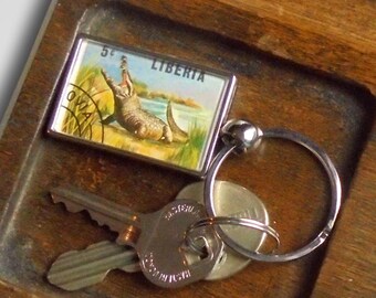 Crocodile Keyring, made with 1966 vintage postage stamp from Liberia