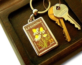 Camomile Keyring - upcycled 1959 postage stamp from Romania