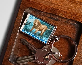 Indian Lion Keyring - upcycled 1963 India postage stamp