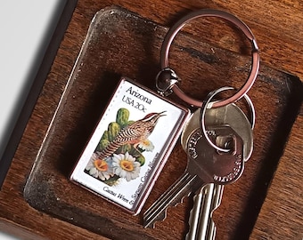 Saguaro Cactus & Wren Keychain, Arizona Statehood - real vintage 1982 USA postage stamp