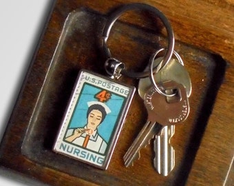 Nursing Keyring, made using vintage 1961 USA postage stamp