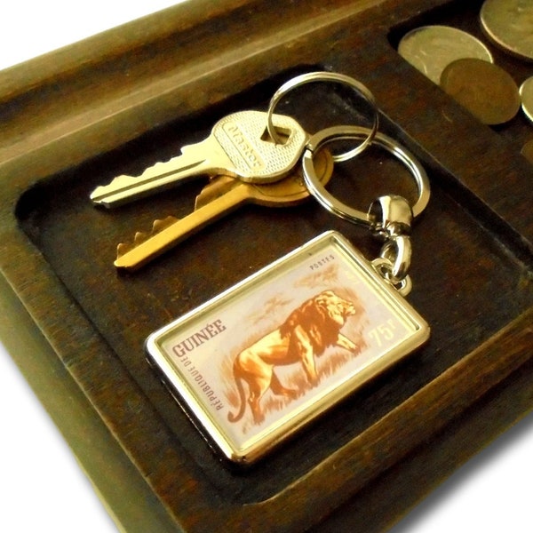 Prowling Lion Keychain, upcycled postal stamp keyring | wild animal postage stamp, wildlife lover gift | 1962 anniversary 60th birthday gift