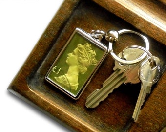 Olive Green Keyring - upcycled Machin definitive, Queen Elizabeth II