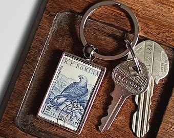 Golden Eagle Keyring - upcycled 1960 Romania postage stamp