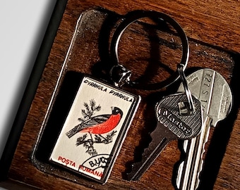 Common Bullfinch Keyring made with upcycled 1993 Romania postage stamp