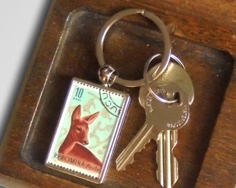 Retro Roe Deer Keyring - upcycled 1961 Romania postage stamp