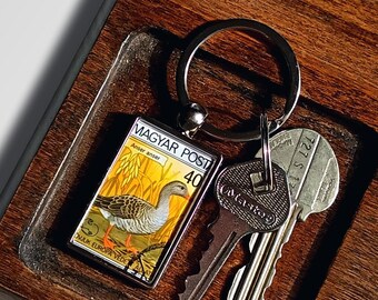 Greylag Goose Keyring made with upcycled postage stamp from Hungary, 1980