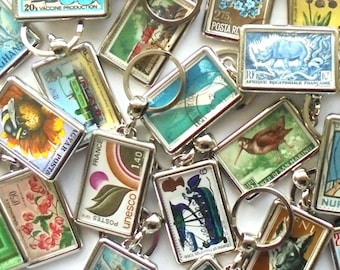 Bulk Set of Postage Stamp Keyrings, mixed themes & designs - for gifts, favours, retail