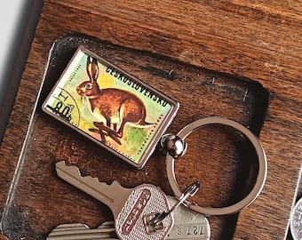 Running Hare Keyring - upcycled 1966 Czech postage stamp