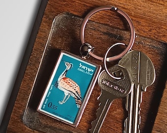 Houbara Bustard Keyring - upcycled 1963 vintage postage stamp from Israel