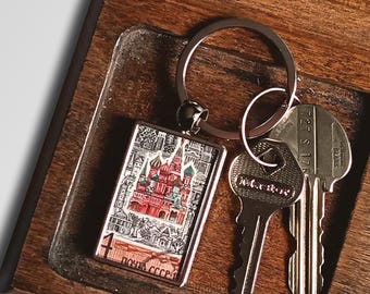 St Basil's Cathedral Keyring - upcycled 1970 vintage postage stamp