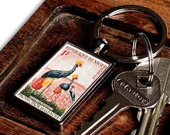 Black Crowned Crane Keyring - upcycled vintage 1960 postage stamp