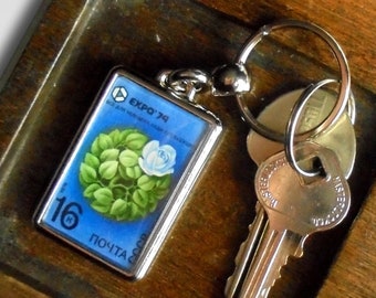 White Rose Topiary Keyring - upcycled vintage postage stamp, USSR 1974