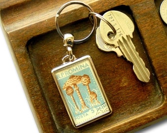 Black Morel Mushroom Keychain - upcycled 1958 Romania postage stamp