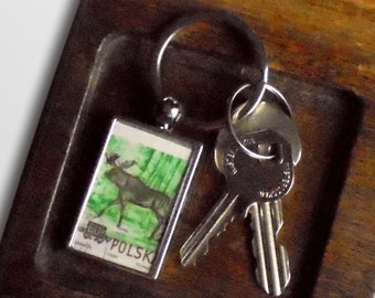 Moose Keyring - upcycled vintage postage stamp, 1954 Poland